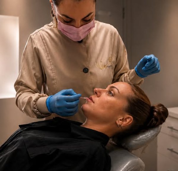 Dentista da Vie Odontologia atendendo uma paciente na cadeira clínica