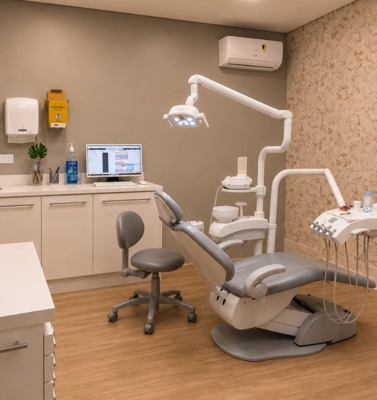 Consultório com cadeira odontológica, refletor e bancada de trabalho