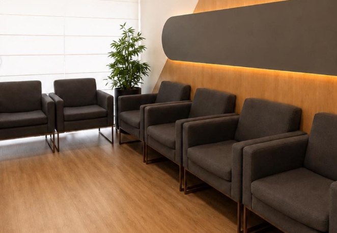 Sala de espera com poltronas e painel de madeira iluminado